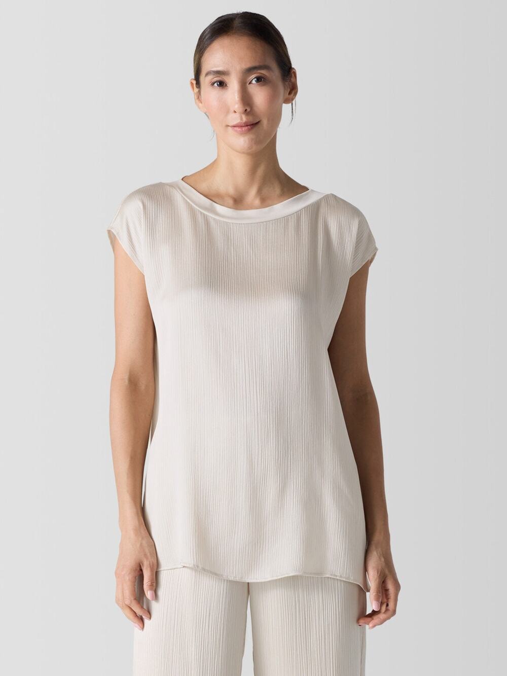 Eileen Fisher Striated 100% Silk Bateau Neck Top, Split Hem Sz  XS, Retail $127